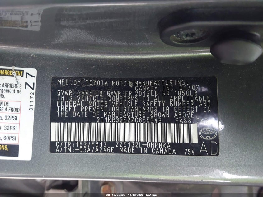 2007 Toyota Matrix Xr VIN: 2T1KR32E27C655348 Lot: 43730496