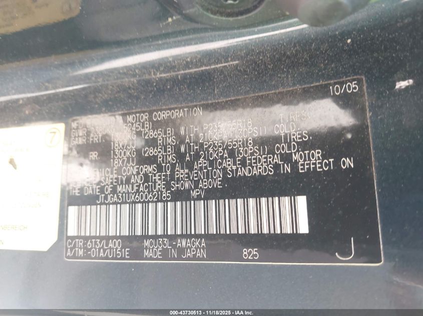 2006 Lexus Rx 330 VIN: JTJGA31UX60062185 Lot: 43730513