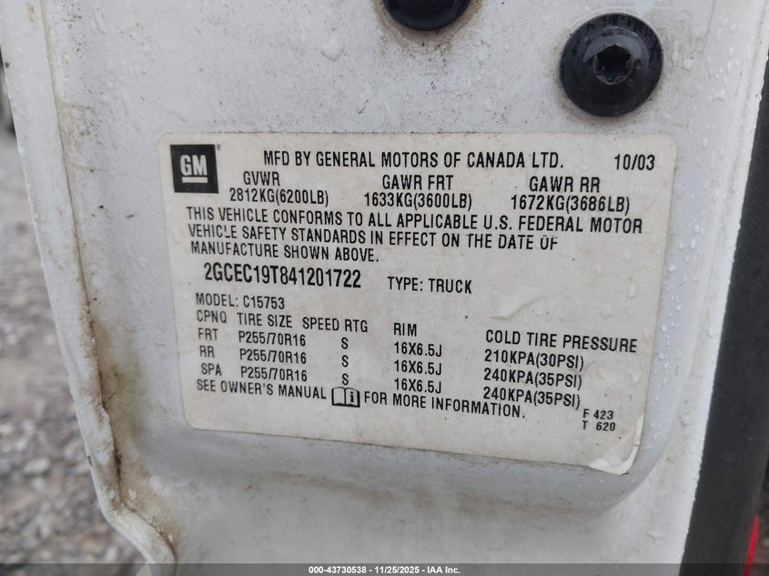 2004 Chevrolet Silverado 1500 Ls VIN: 2GCEC19T841201722 Lot: 43730538