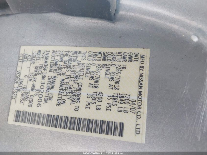 2008 Nissan Titan Xe VIN: 1N6BA06F18N302006 Lot: 43730560