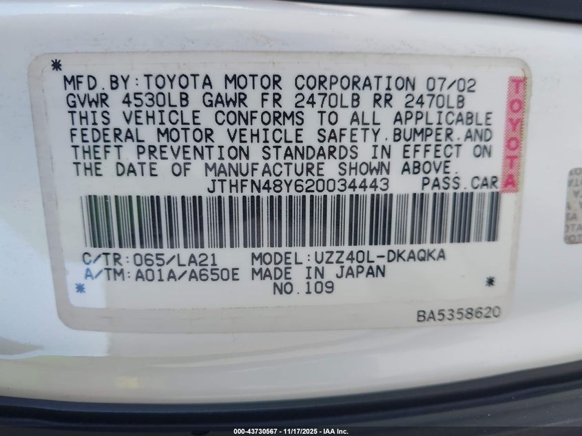 2002 Lexus Sc 430 VIN: JTHFN48Y620034443 Lot: 43730567