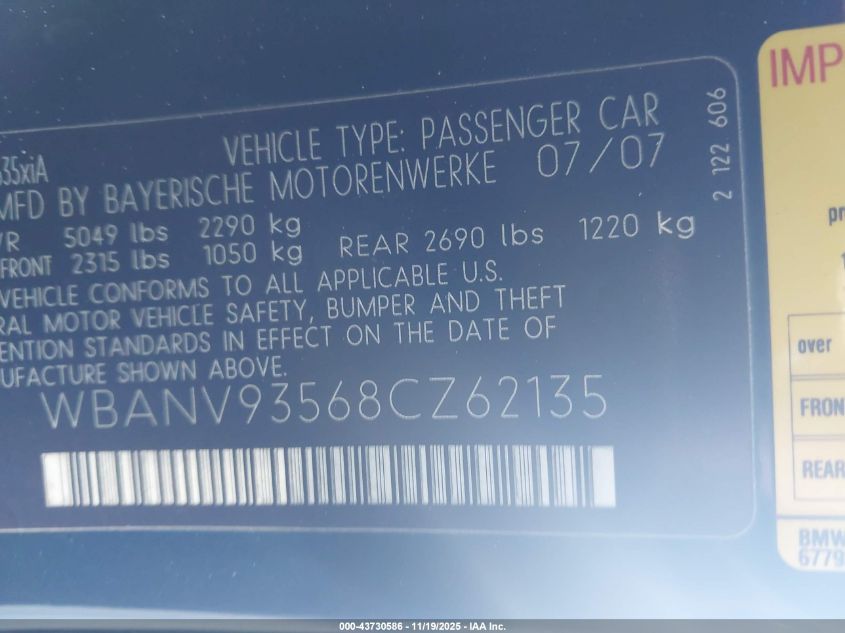 2008 BMW 535Xi VIN: WBANV93568CZ62135 Lot: 43730586