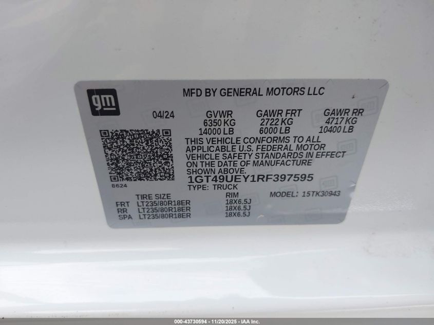 2024 GMC Sierra 3500Hd 4Wd Long Bed Slt VIN: 1GT49UEY1RF397595 Lot: 43730594
