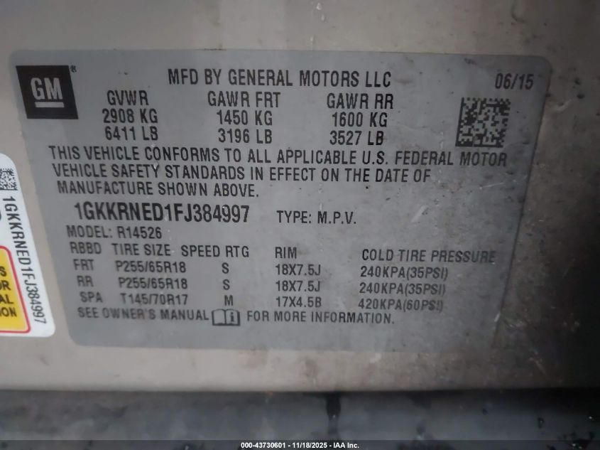 2015 GMC Acadia Sle-1 VIN: 1GKKRNED1FJ384997 Lot: 43730601