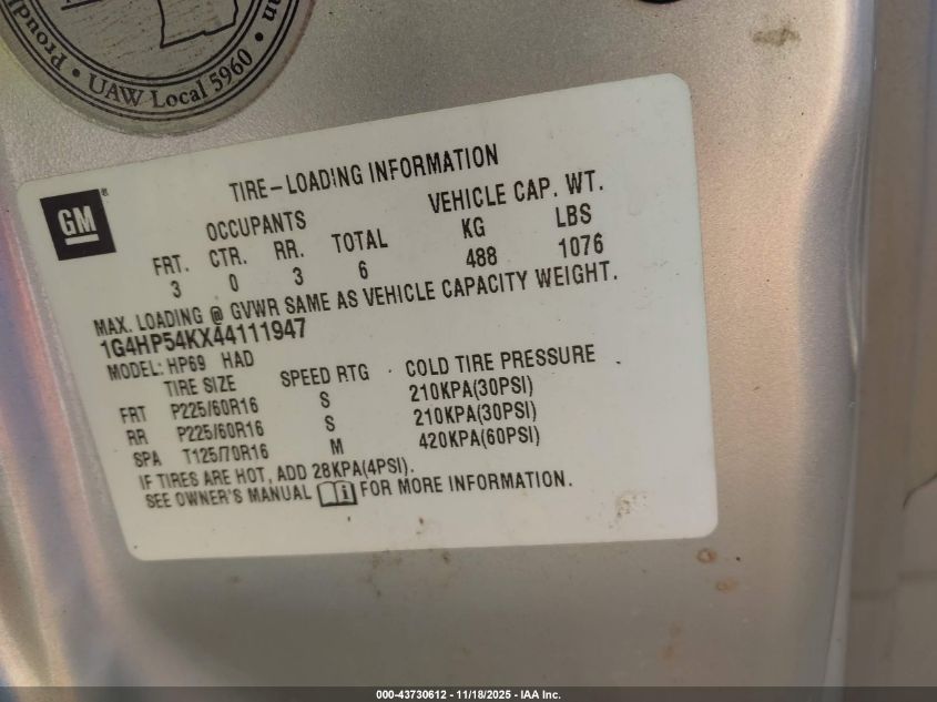 2004 Buick Lesabre Custom VIN: 1G4HP54KX44111947 Lot: 43730612