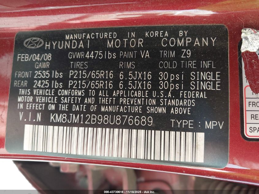 2008 Hyundai Tucson Gls VIN: KM8JM12B98U876689 Lot: 43730616