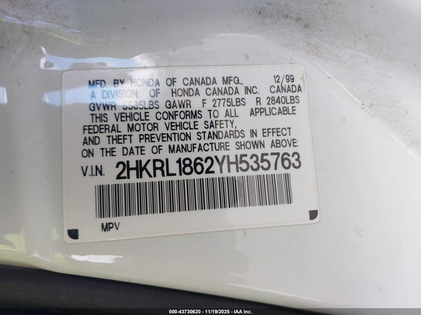 2000 Honda Odyssey Ex VIN: 2HKRL1862YH535763 Lot: 43730620