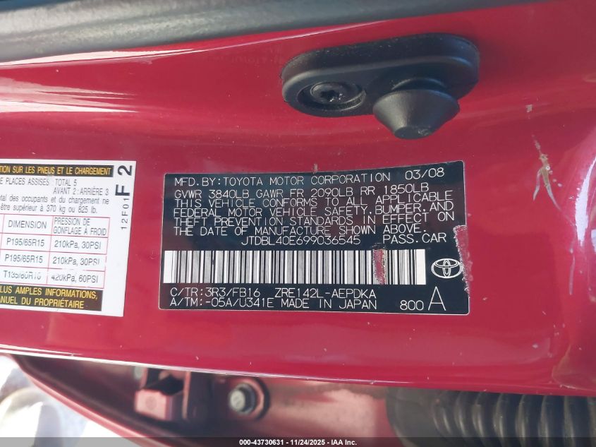 2009 Toyota Corolla Le VIN: JTDBL40E699036545 Lot: 43730631