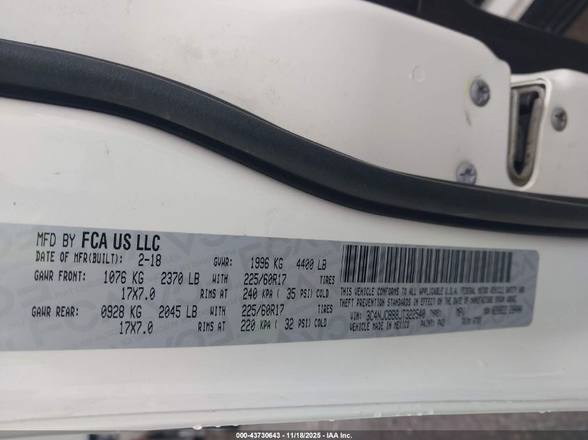 2018 Jeep Compass Latitude Fwd VIN: 3C4NJCBB8JT322540 Lot: 43730643