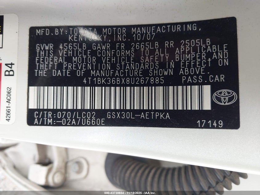 2008 Toyota Avalon Limited VIN: 4T1BK36BX8U267885 Lot: 43730654