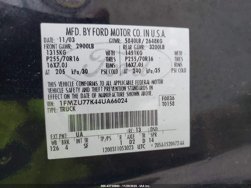 2004 Ford Explorer Sport Trac Adrenalin/Xls/Xlt VIN: 1FMZU77K44UA66024 Lot: 43730660