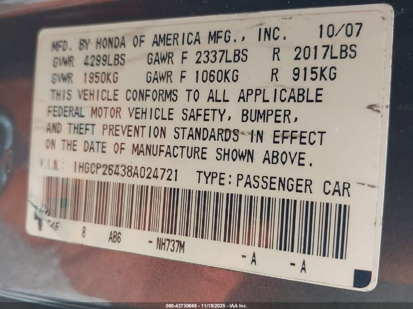 2008 Honda Accord 2.4 Lx-P VIN: 1HGCP26438A024721 Lot: 43730666