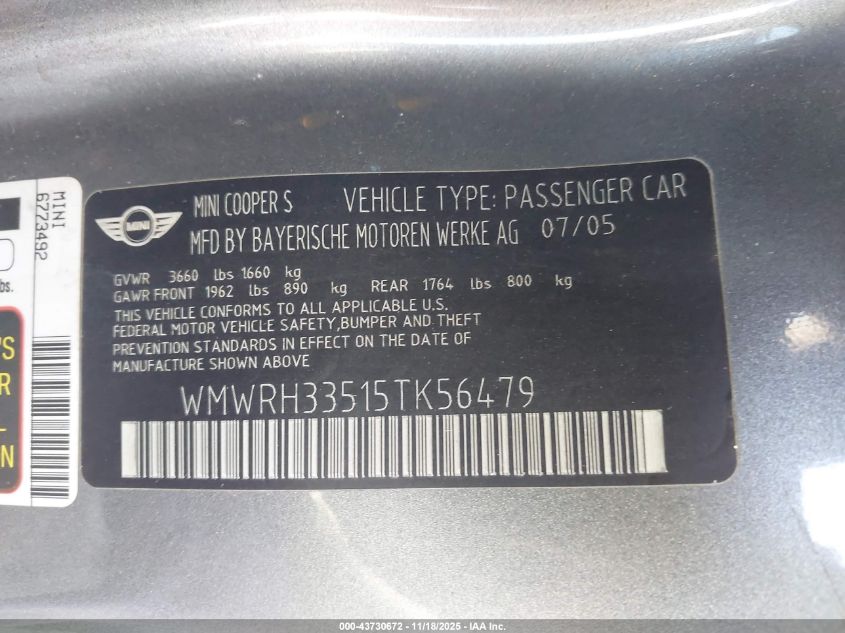 2005 Mini Cooper S VIN: WMWRH33515TK56479 Lot: 43730672