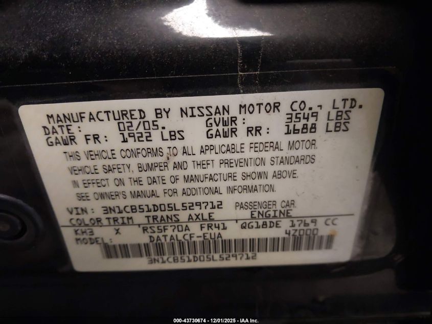 2005 Nissan Sentra 1.8 VIN: 3N1CB51D05L529712 Lot: 43730674