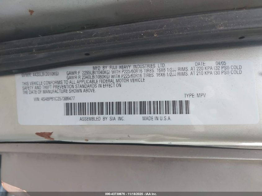 2005 Subaru Outback 2.5I VIN: 4S4BP61C257386477 Lot: 43730676