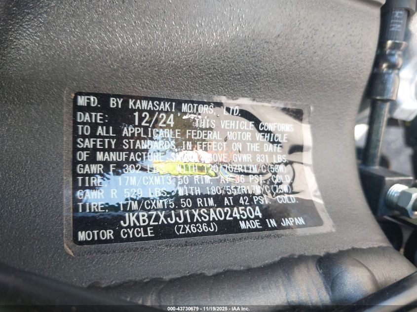 2025 Kawasaki Zx636 K VIN: JKBZXJJ1XSA024504 Lot: 43730679
