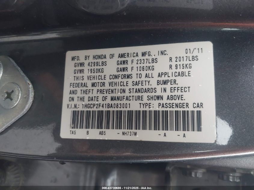 2011 Honda Accord 2.4 Lx-P VIN: 1HGCP2F41BA083001 Lot: 43730686