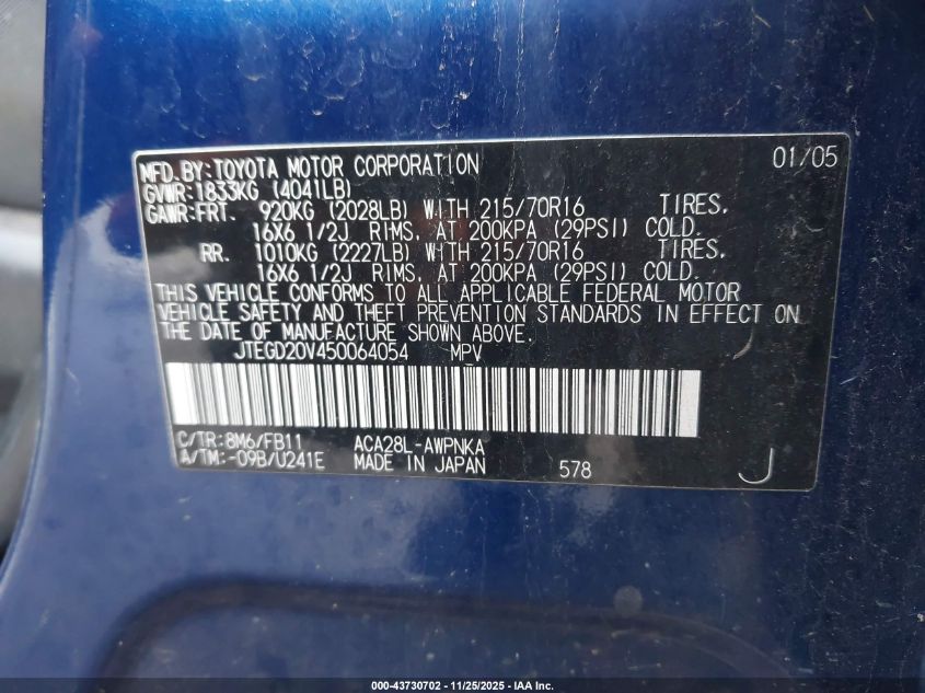 2005 Toyota Rav4 VIN: JTEGD20V450064054 Lot: 43730702