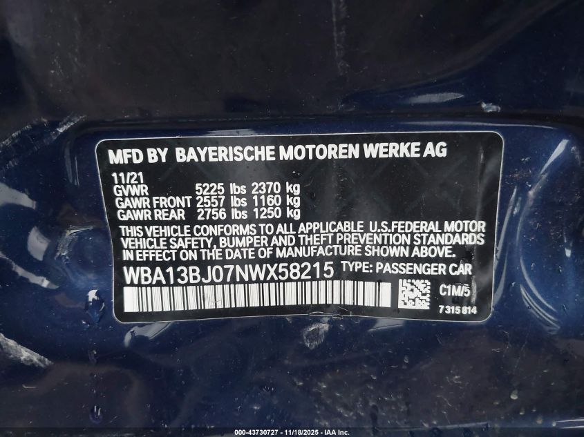 2022 BMW 530 I xDrive VIN: WBA13BJ07NWX58215 Lot: 43730727
