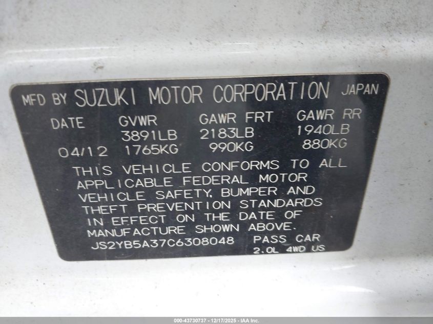 2012 Suzuki Sx4 Premium/Tech Valu Pkg (Nav) VIN: JS2YB5A37C6308048 Lot: 43730737