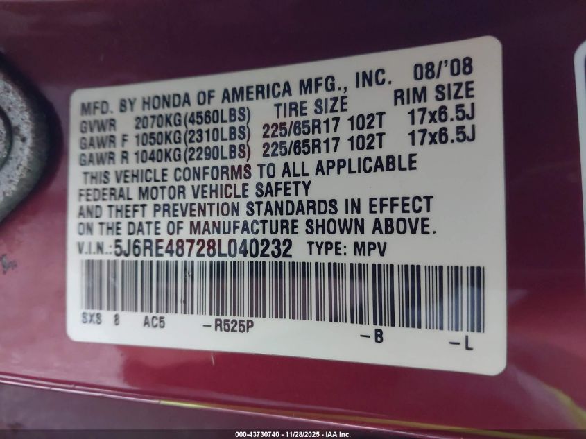 2008 Honda Cr-V Ex-L VIN: 5J6RE48728L040232 Lot: 43730740