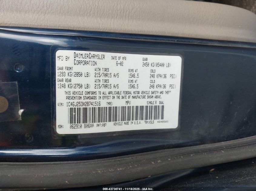 2002 Chrysler Voyager VIN: 1C4GJ253X2B741516 Lot: 43730741