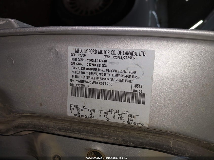 2000 Mercury Grand Marquis Ls VIN: 2MEFM75W8YX688250 Lot: 43730746