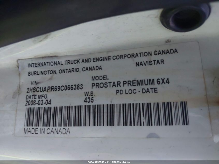2009 International Prostar Premium VIN: 2HSCUAPR69C066383 Lot: 43730749