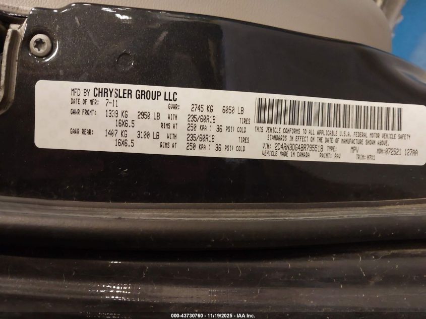 2011 Dodge Grand Caravan Mainstreet VIN: 2D4RN3DG4BR795518 Lot: 43730760