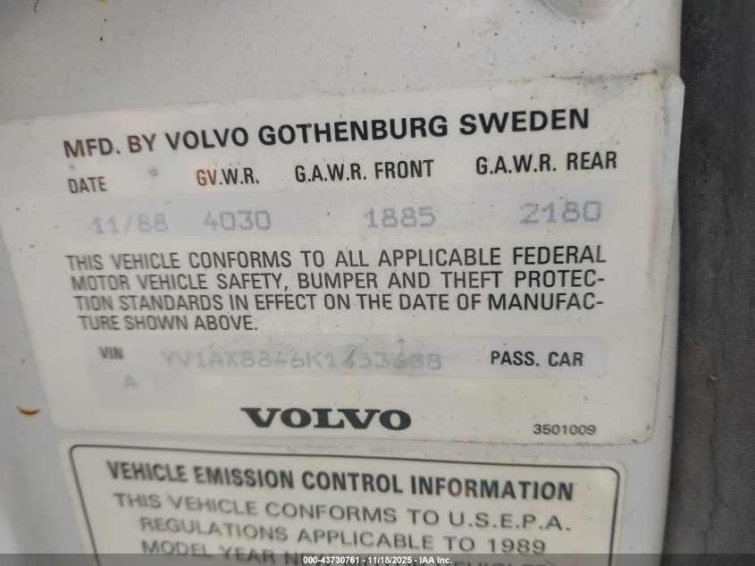 1989 Volvo 244 Dl/Gl VIN: YV1AX8846K1353338 Lot: 43730761