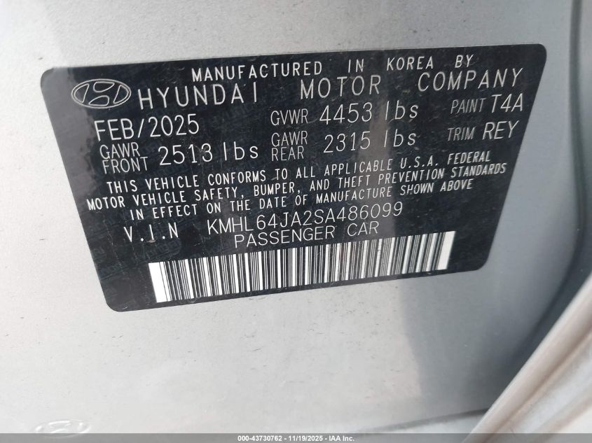 2025 Hyundai Sonata Sel VIN: KMHL64JA2SA486099 Lot: 43730762