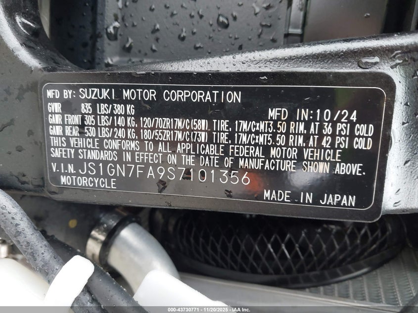 2025 Suzuki Gsx-R600 VIN: JS1GN7FA9S7101356 Lot: 43730771