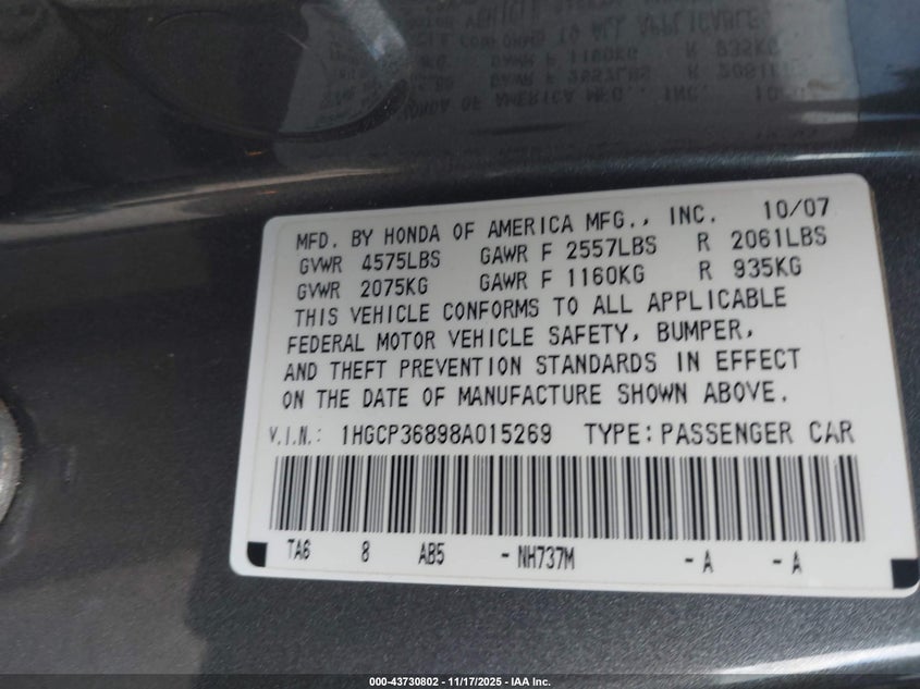 1HGCP36898A015269 2008 HONDA ACCORD photo no. 9