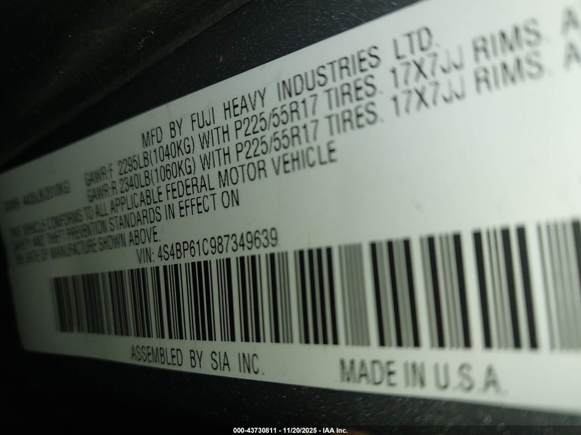 2008 Subaru Outback 2.5I/2.5I L.l. Bean Edition VIN: 4S4BP61C987349639 Lot: 43730811