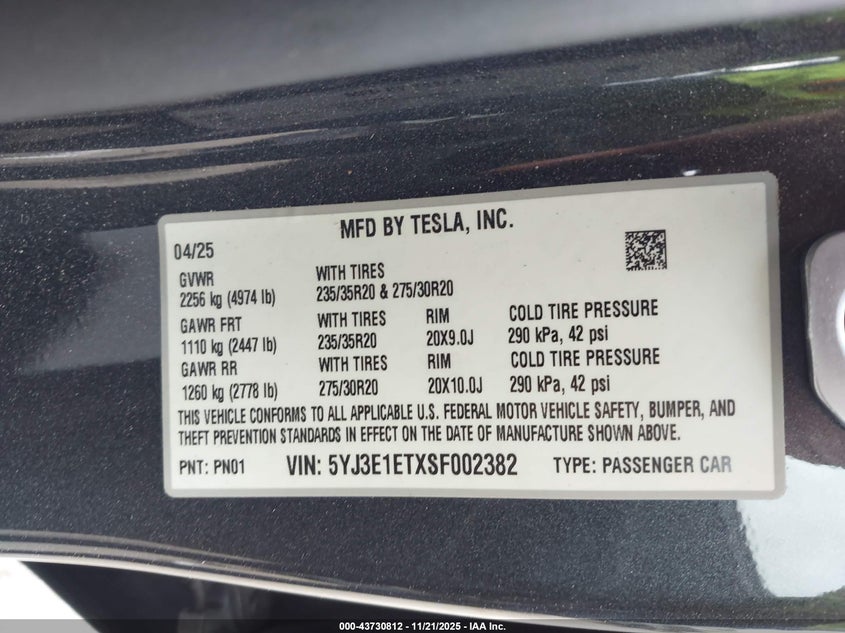 2025 Tesla Model 3 Performance VIN: 5YJ3E1ETXSF002382 Lot: 43730812