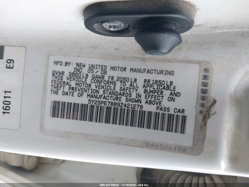 2009 Pontiac Vibe VIN: 5Y2SP67889Z421279 Lot: 43730835