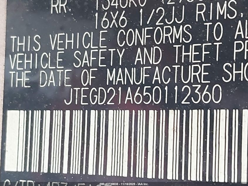 2005 Toyota Highlander VIN: JTEGD21A650112360 Lot: 43730838