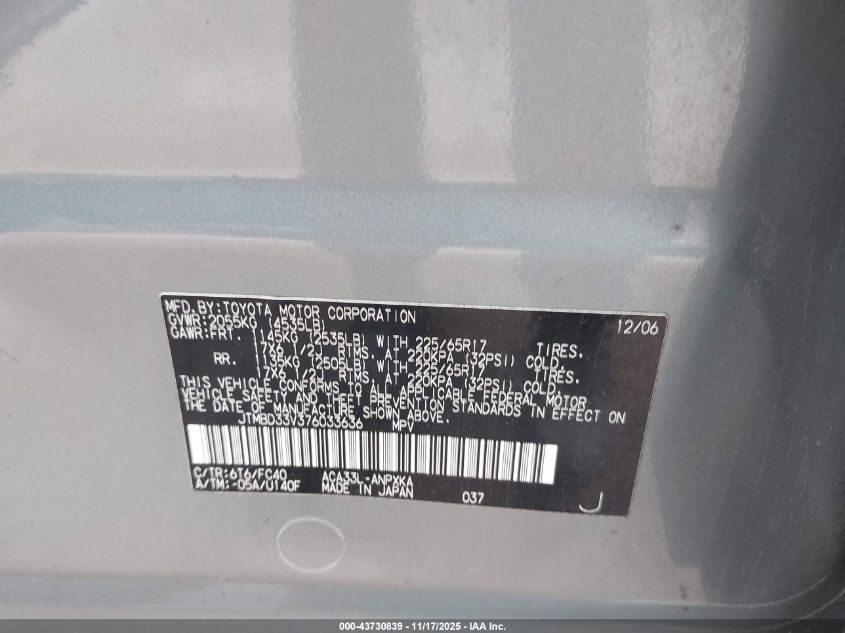 2007 Toyota Rav4 VIN: JTMBD33V376033636 Lot: 43730839
