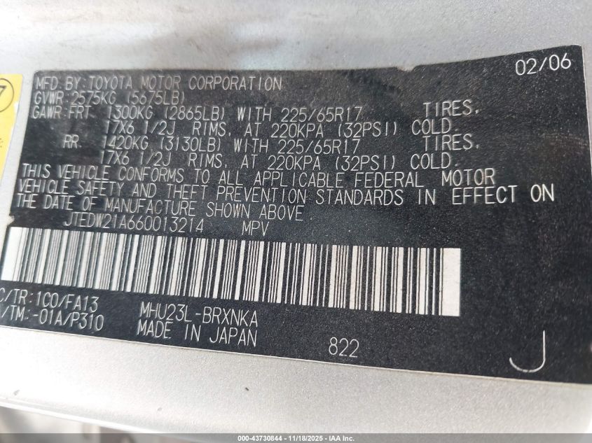 2006 Toyota Highlander Hybrid V6 VIN: JTEDW21A660013214 Lot: 43730844