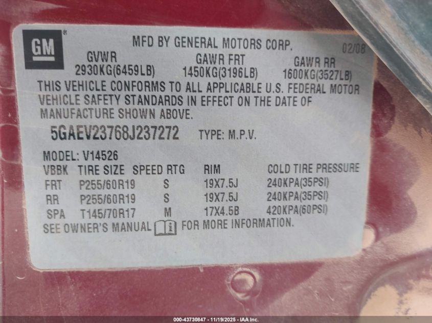 2008 Buick Enclave Cxl VIN: 5GAEV23768J237272 Lot: 43730847