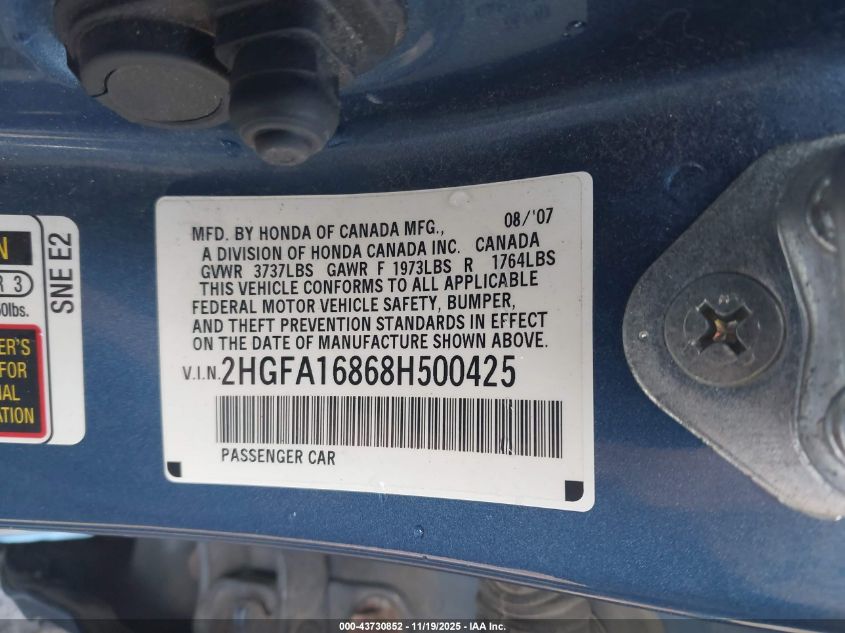 2008 Honda Civic Ex VIN: 2HGFA16868H500425 Lot: 43730852