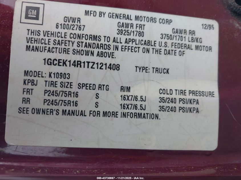 1996 Chevrolet Gmt-400 K1500 VIN: 1GCEK14R1TZ121408 Lot: 43730867