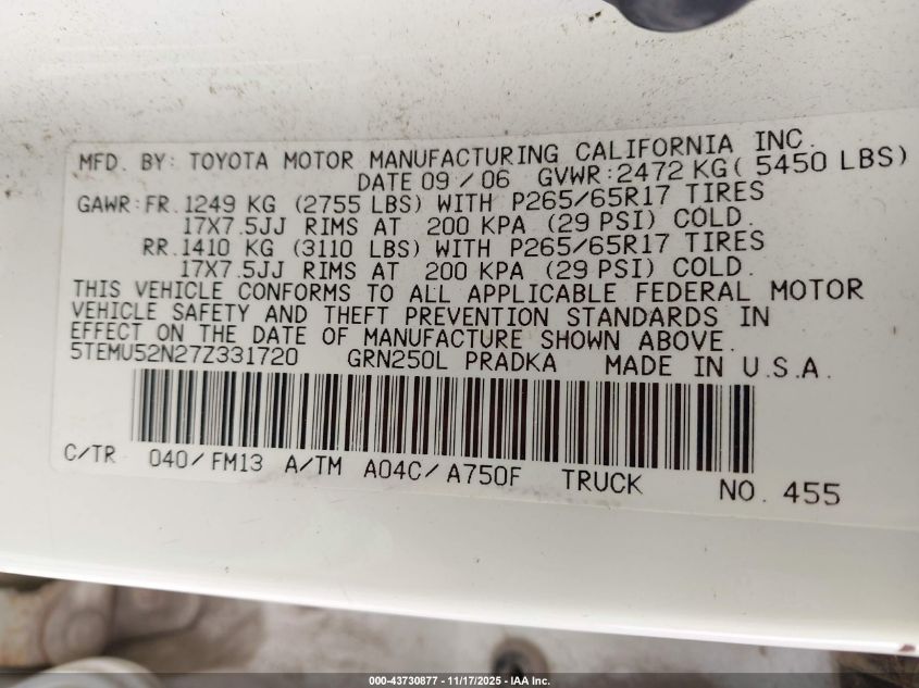 2007 Toyota Tacoma Base V6 VIN: 5TEMU52N27Z331720 Lot: 43730877