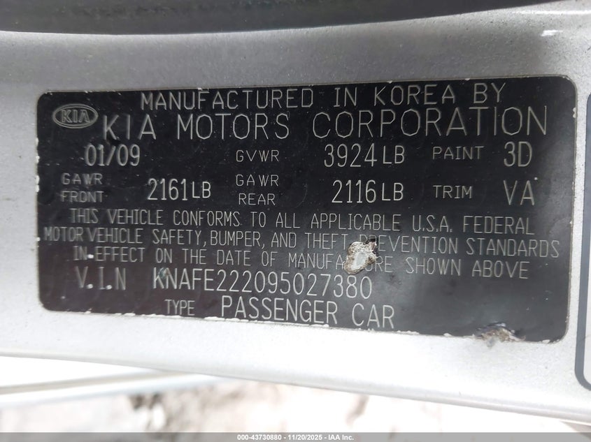 2009 Kia Spectra Sx VIN: KNAFE222095027380 Lot: 43730880