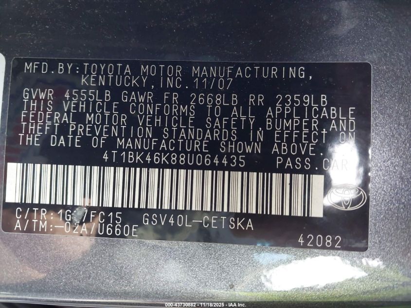 2008 Toyota Camry Se V6 VIN: 4T1BK46K88U064435 Lot: 43730882