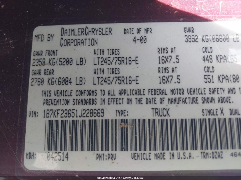 2001 Dodge Ram 2500 St VIN: 1B7KF23651J228669 Lot: 43730894