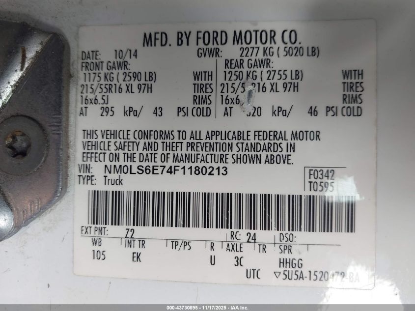 2015 Ford Transit Connect Xl VIN: NM0LS6E74F1180213 Lot: 43730895