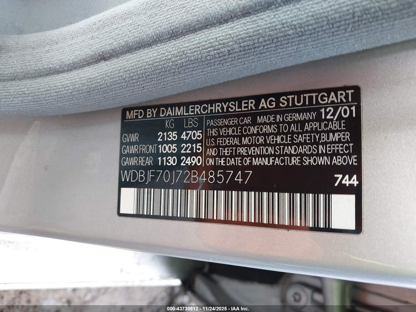 2002 Mercedes-Benz E 430 Special Edition VIN: WDBJF70J72B485747 Lot: 43730912