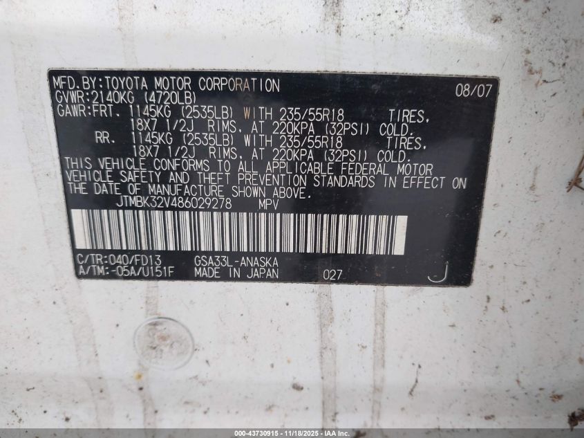 2008 Toyota Rav4 Sport V6 VIN: JTMBK32V486029278 Lot: 43730915