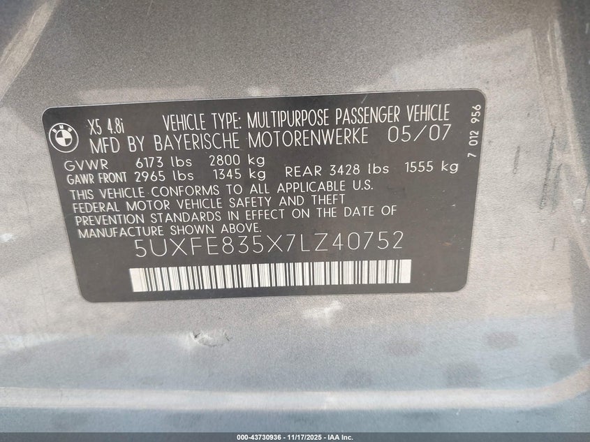 2007 BMW X5 4.8I VIN: 5UXFE835X7LZ40752 Lot: 43730936